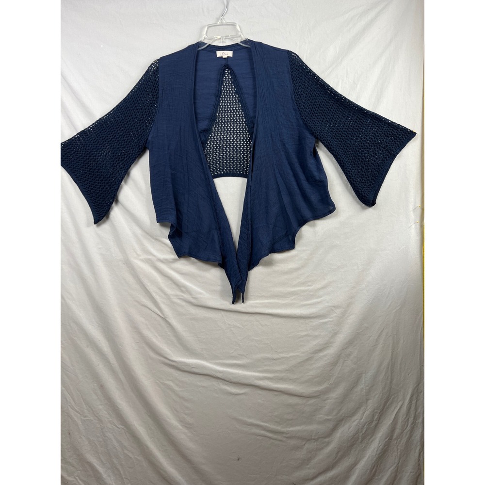 Elan Cardigan Women Large Navy Blue Crochet Mesh Bell Sleeve Tie Front Boho L